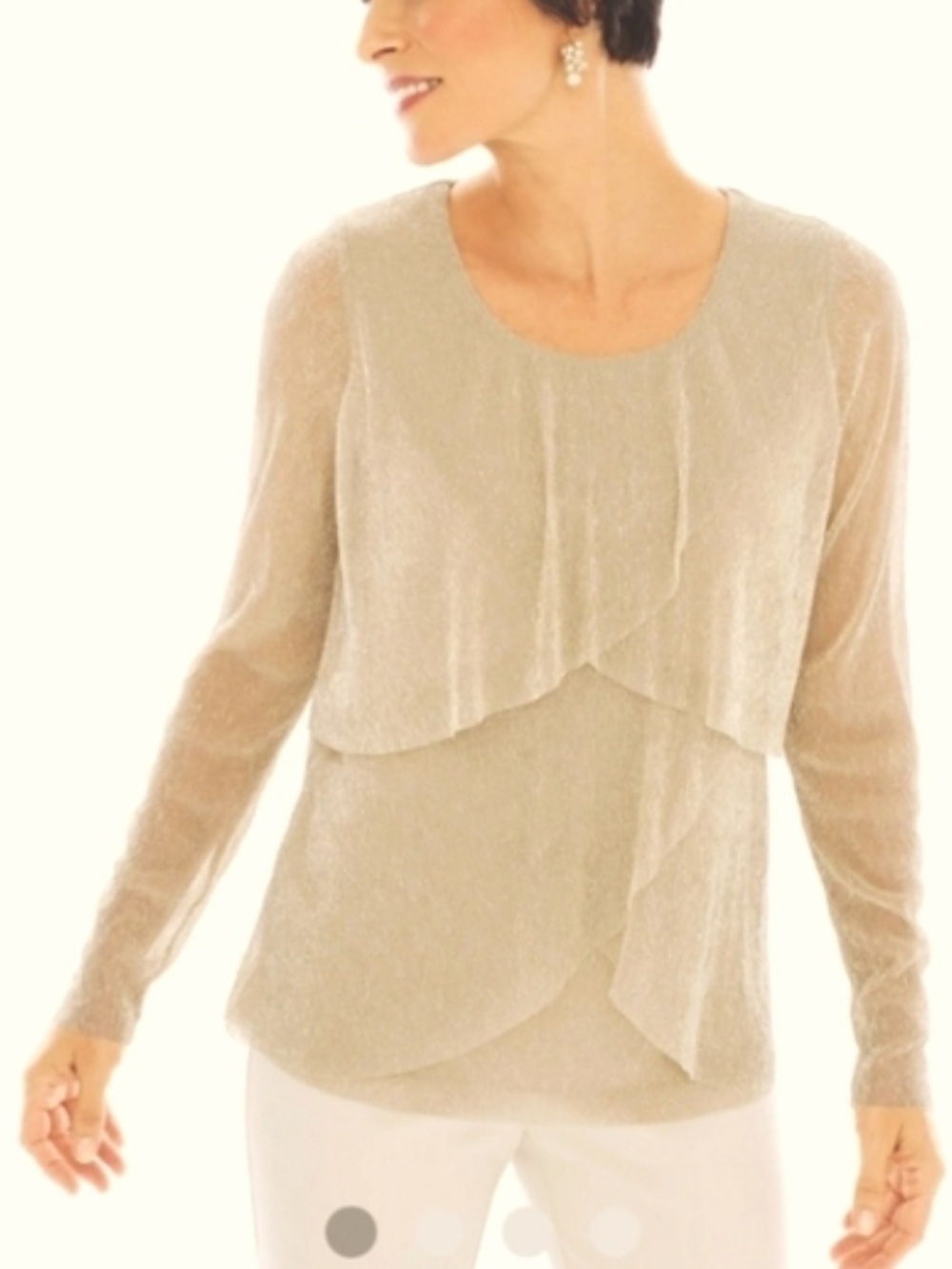 Chico’s Gold Sparkle Long Sleeve Layered Tiered Blouse Medium 8/10